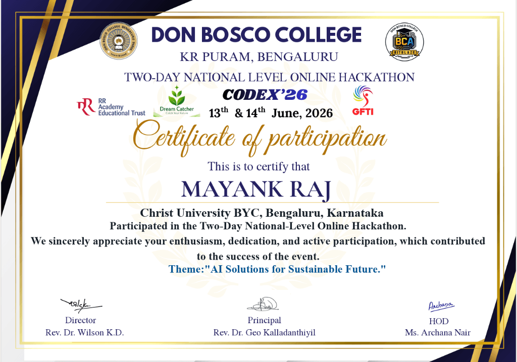 CODEX'26 National Level Online Hackathon (Theme: AI Solutions) certificate from Don Bosco College, KR Puram, Bengaluru (BITBLAZE BCA)