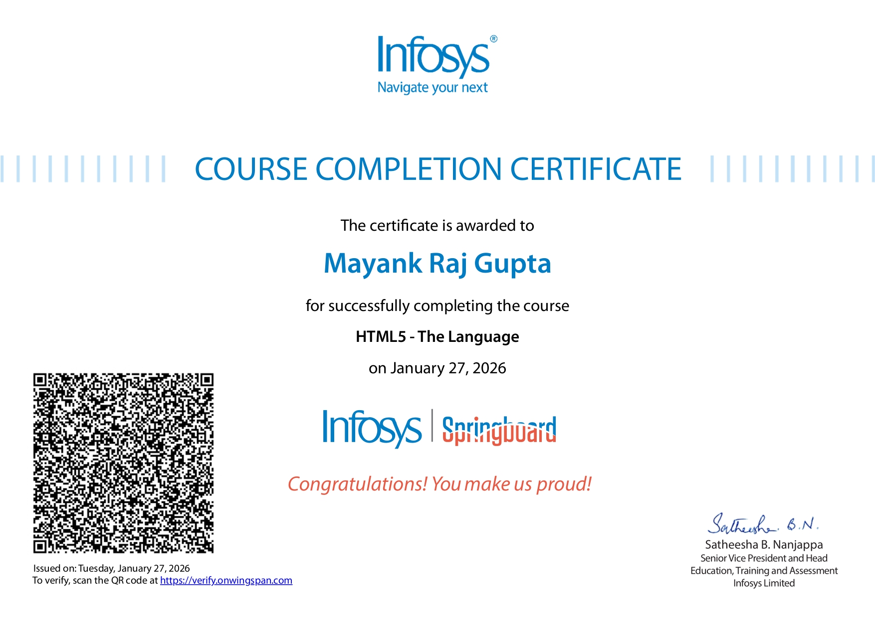 Infosys HTML-5 Programming Course certificate from Infosys Springboard