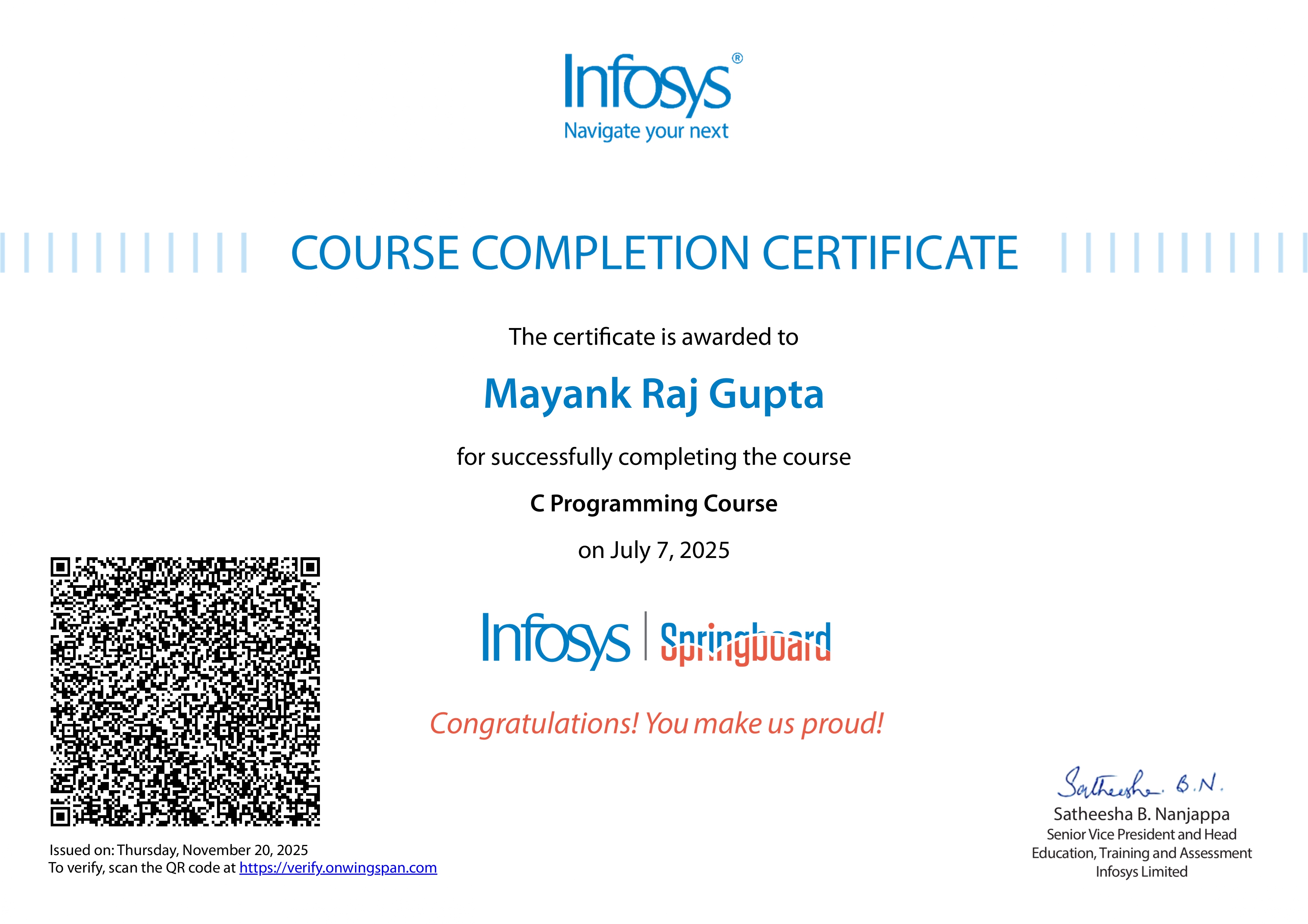 C Programming Course certificate from Infosys Springboard