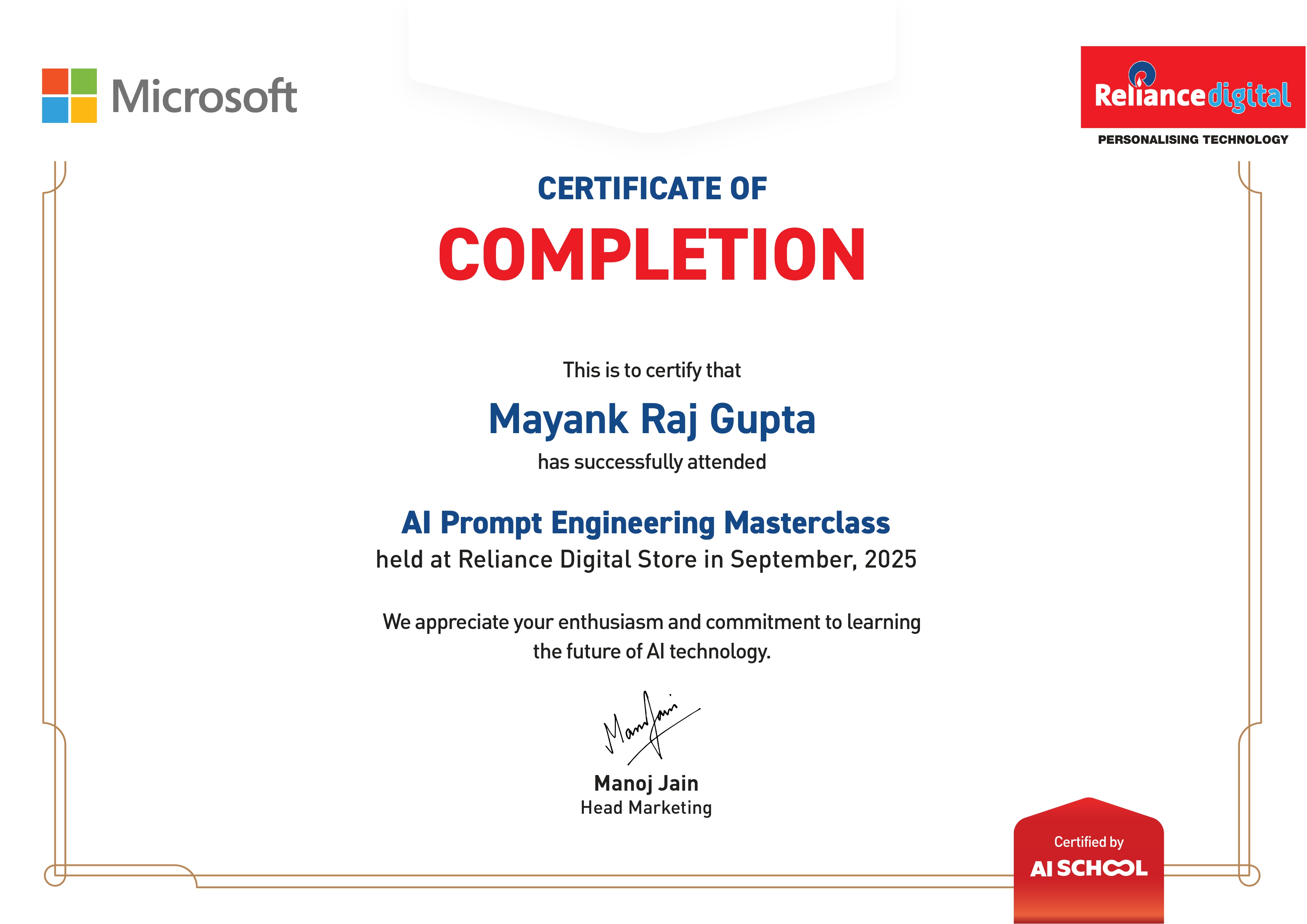 AI Prompt Engineering Masterclass certificate from Microsoft & Reliance Digital