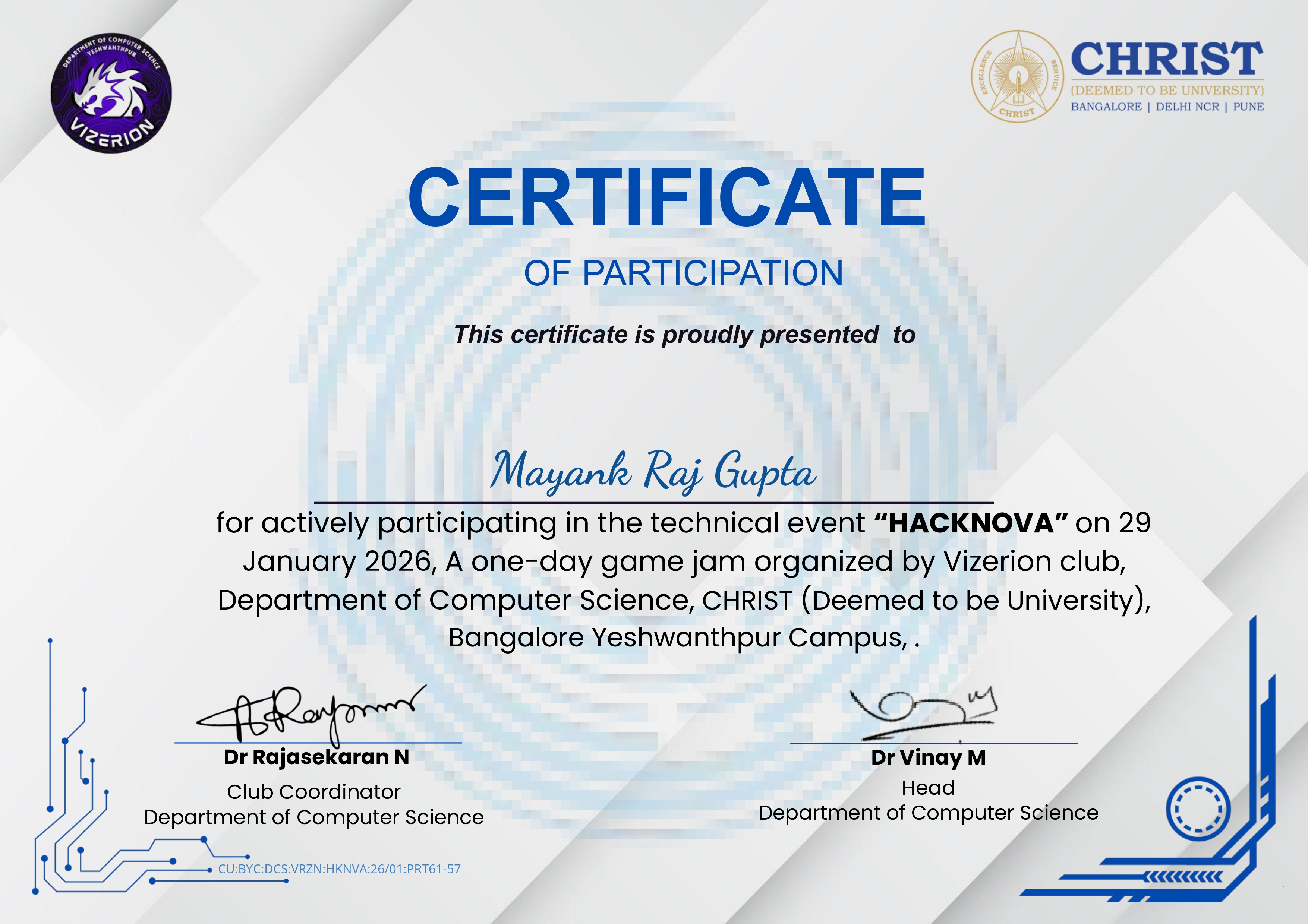 HACKNOVA Game Jam certificate from CHRIST (Deemed to be University)